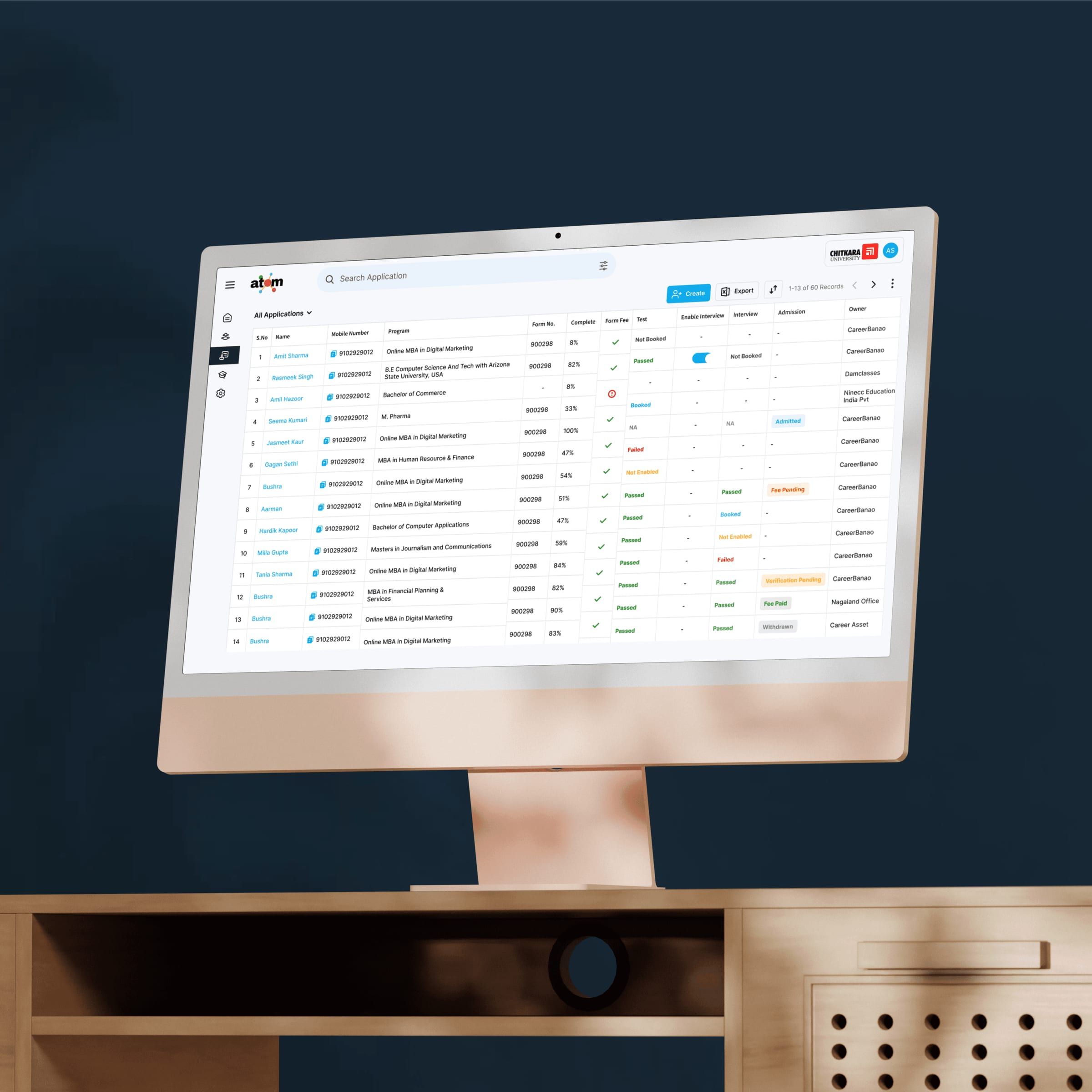 ATOM lead list with status tags on a desktop screen