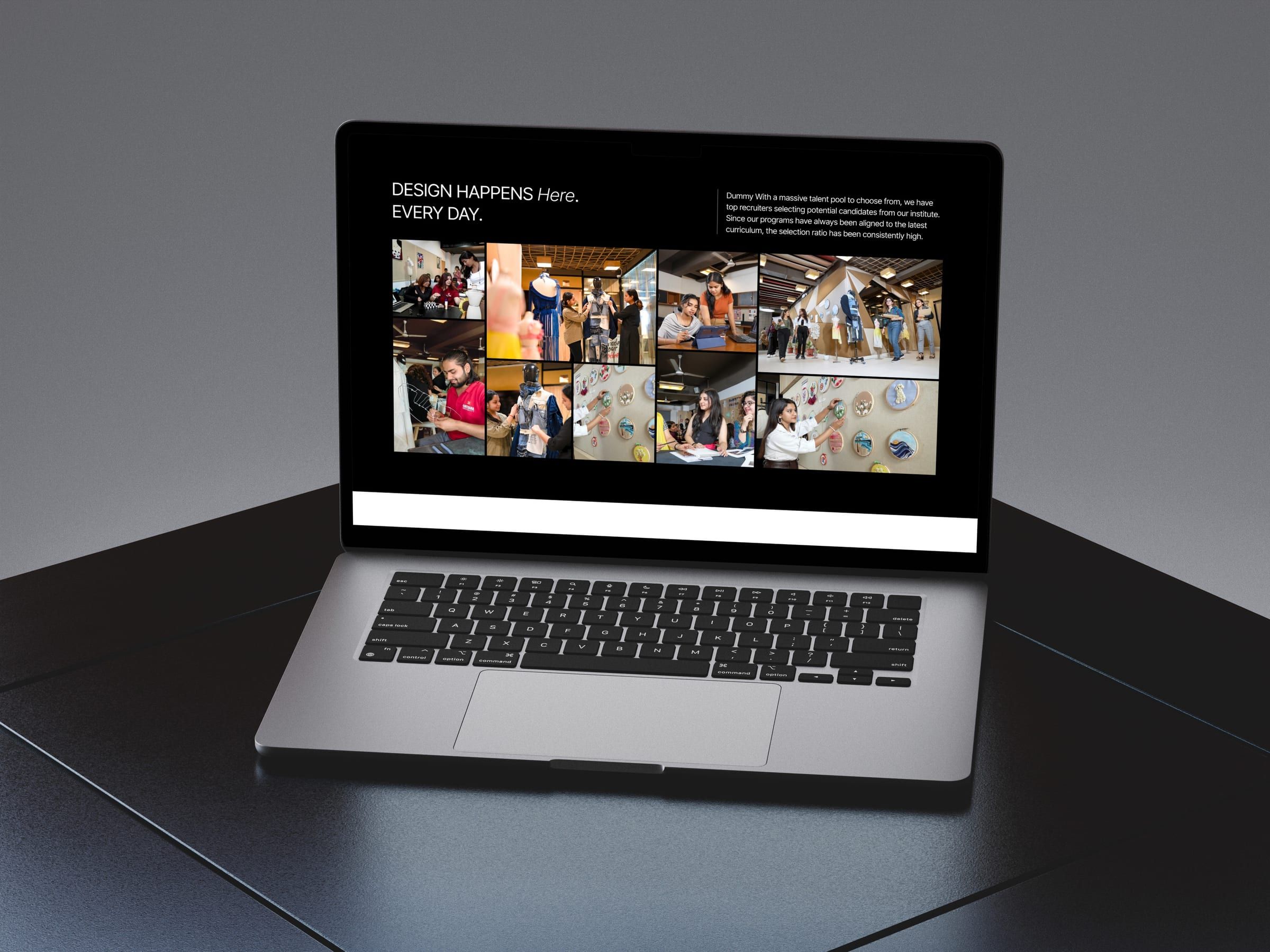 "Design happens here every day" section on a laptop
