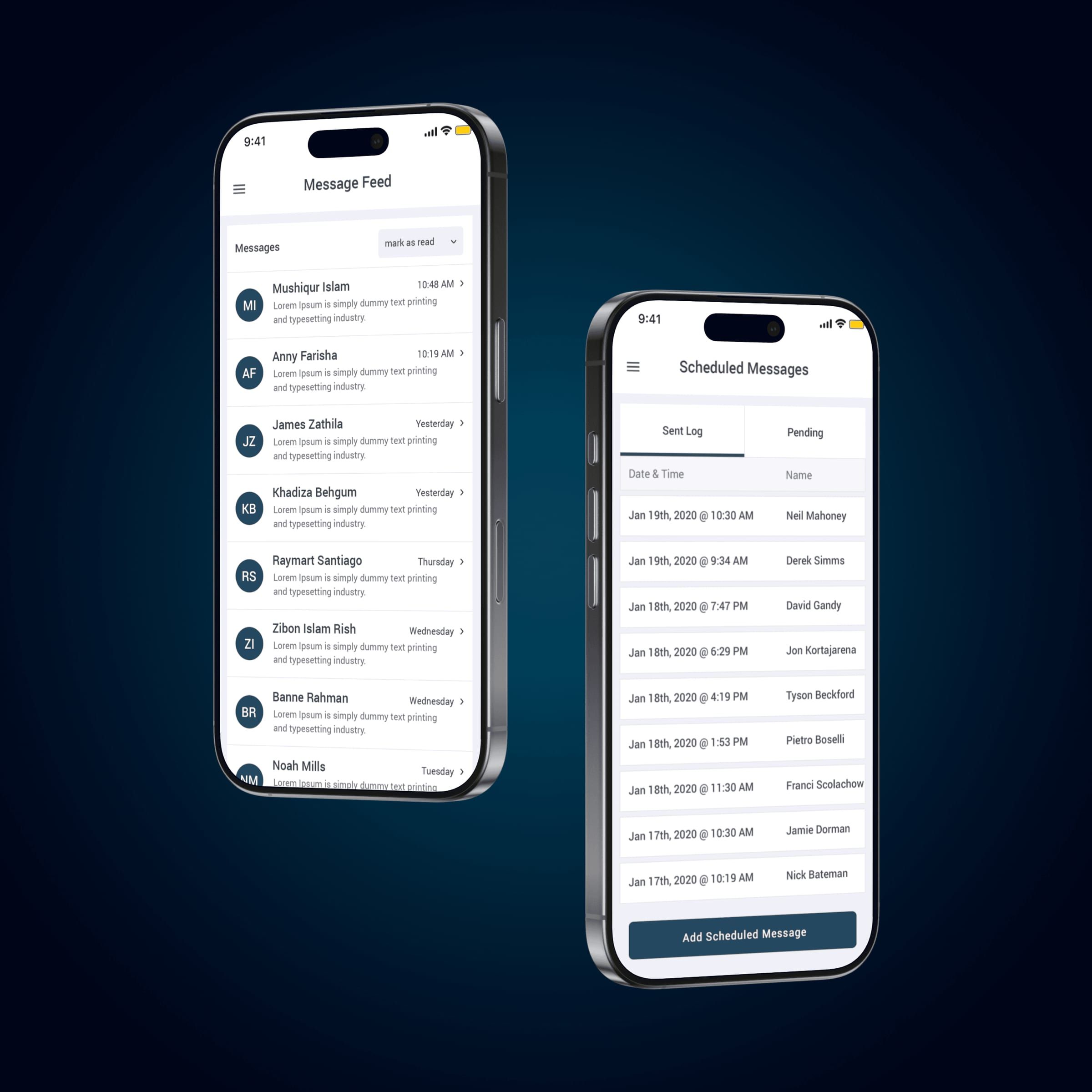 Message feed and scheduled messages on two phones