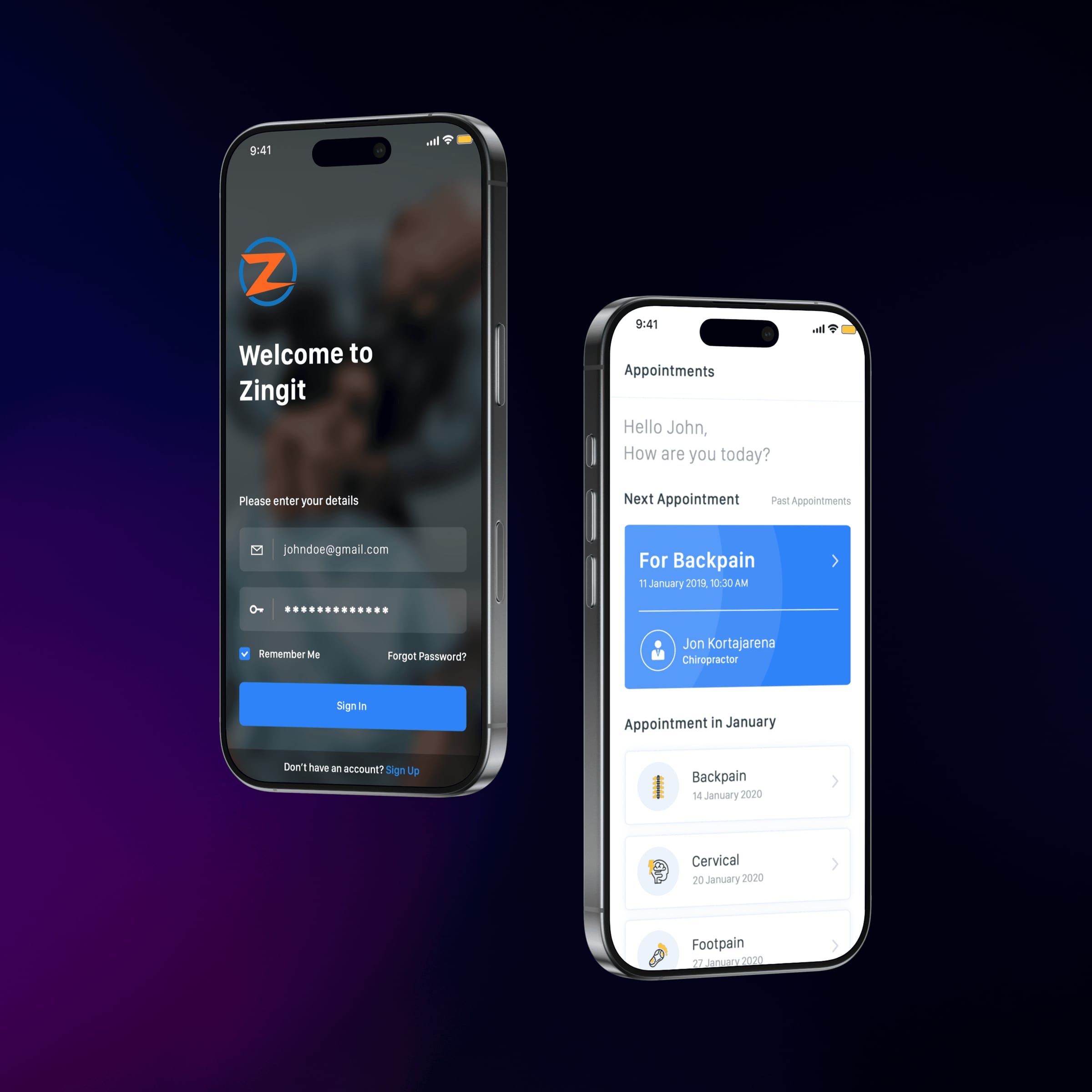 Sign-in and appointment home screens on two phones