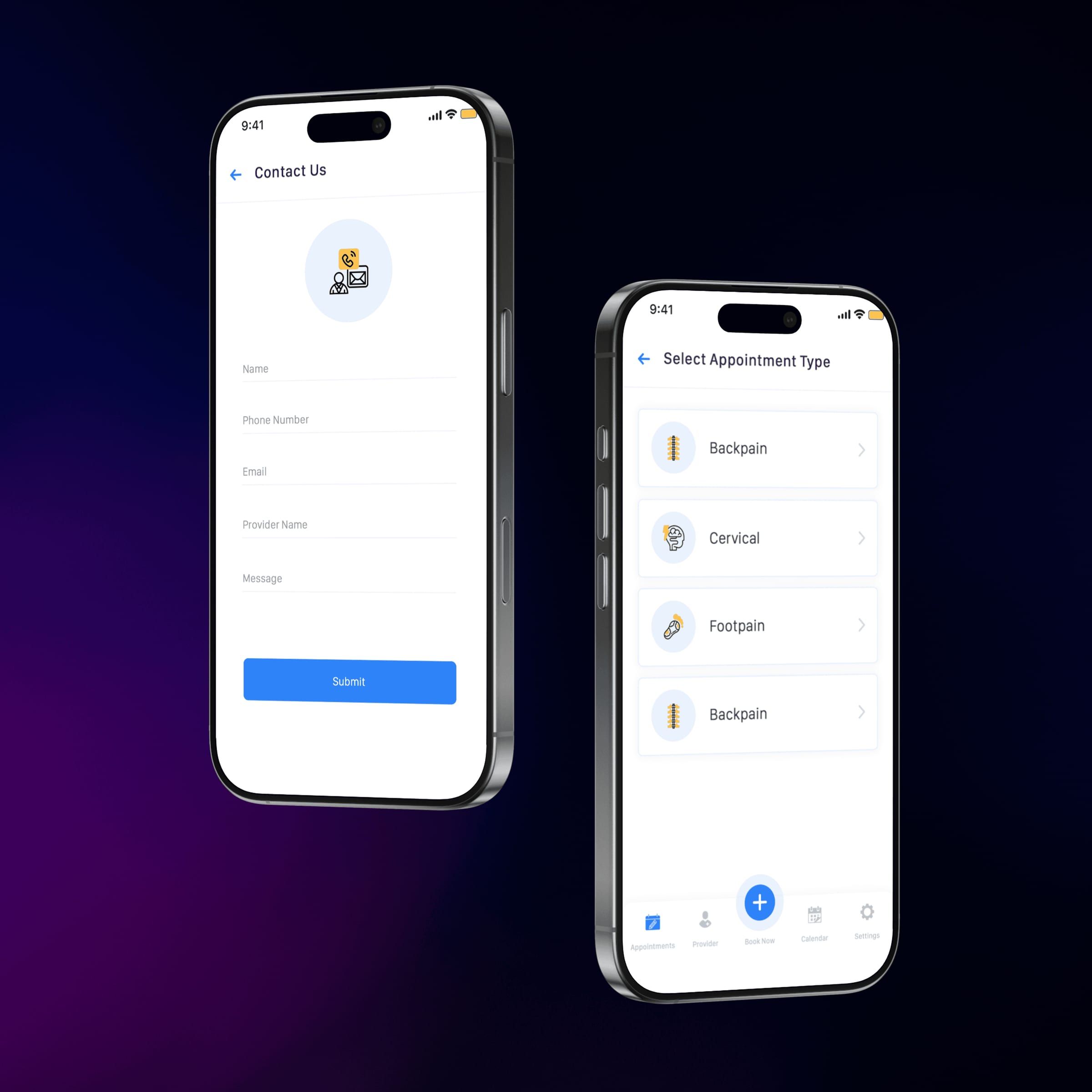 Patient details form and appointment types on two phones